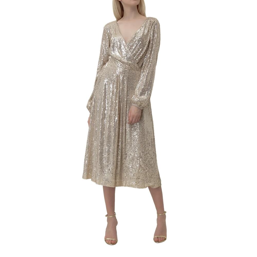 Lauren Ralph Lauren Bowen gold sequin midi dress Size 4 Glam Fairy New Years